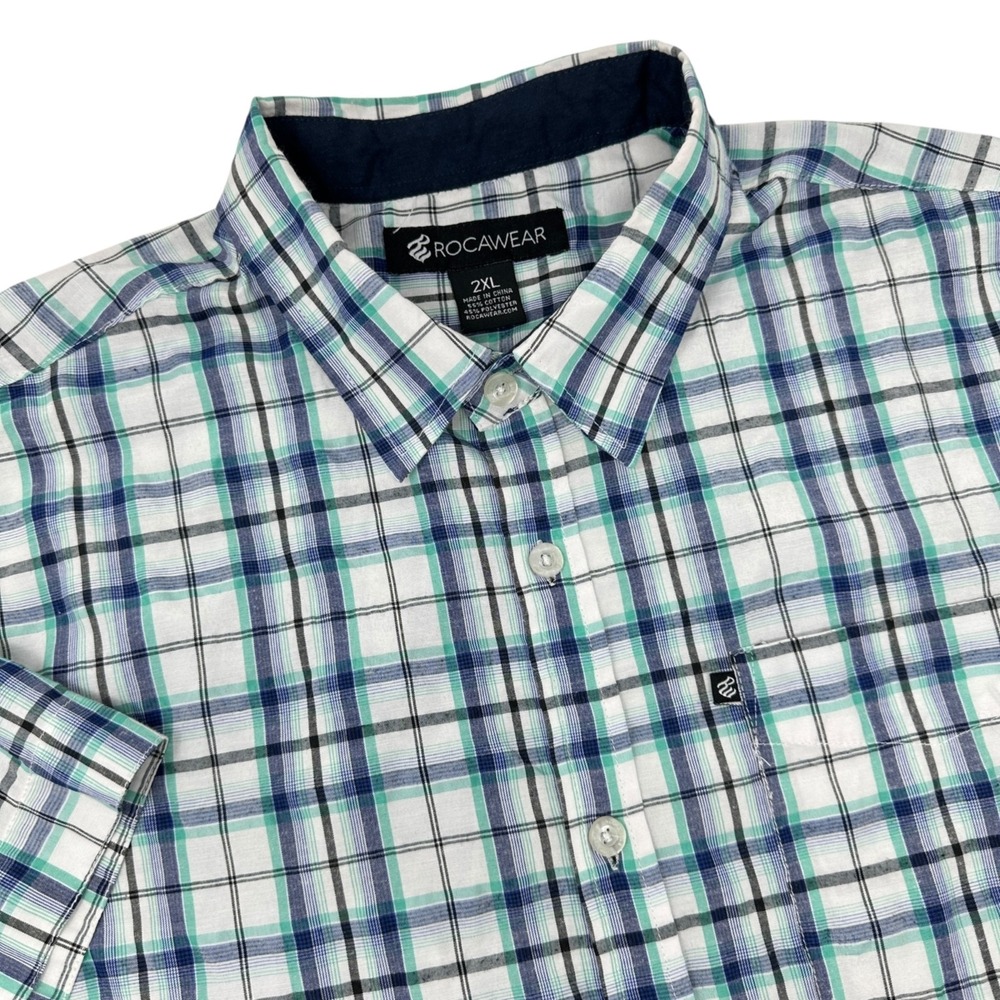 ROCAWEAR Vintage Blue Green Plaid Button Up Short Sleeve Casual Shirt 2XL XXL